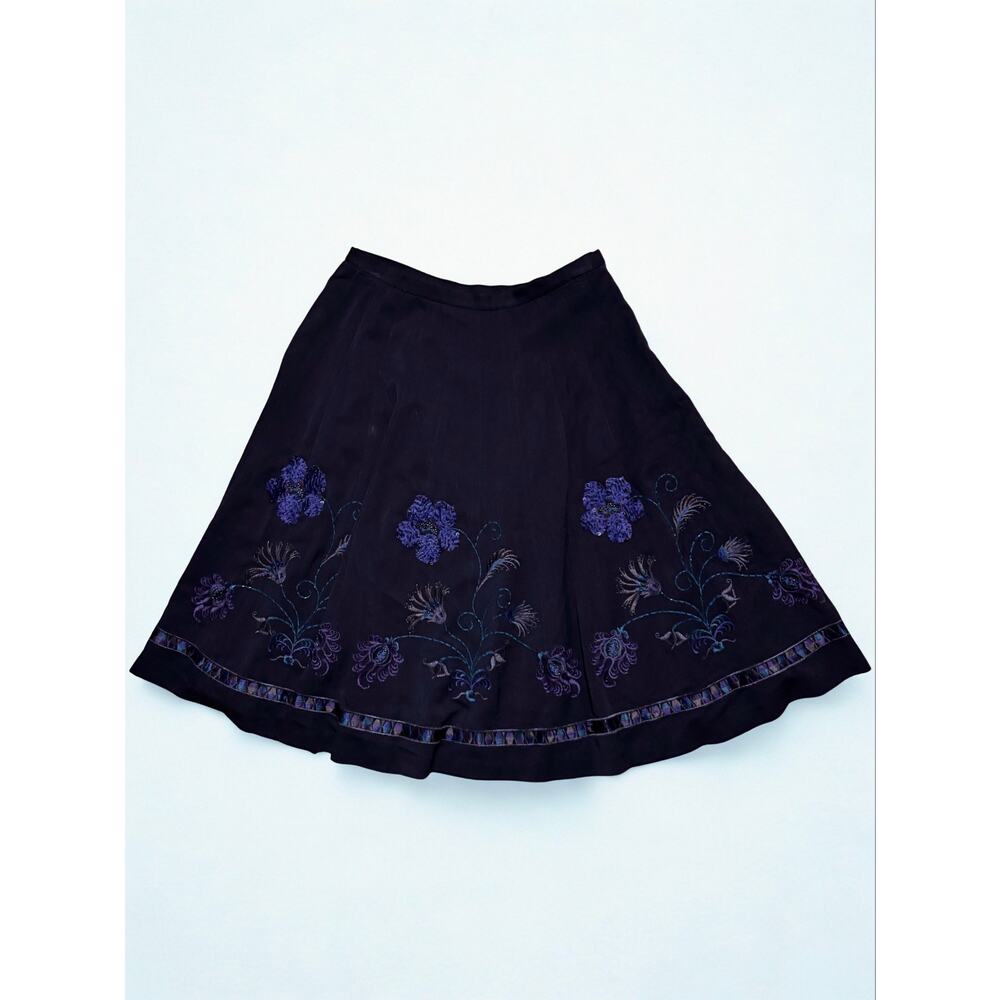 Vintage 90s ICE Black Floral Embroidered Whimsical Goth Circle Midi Skirt